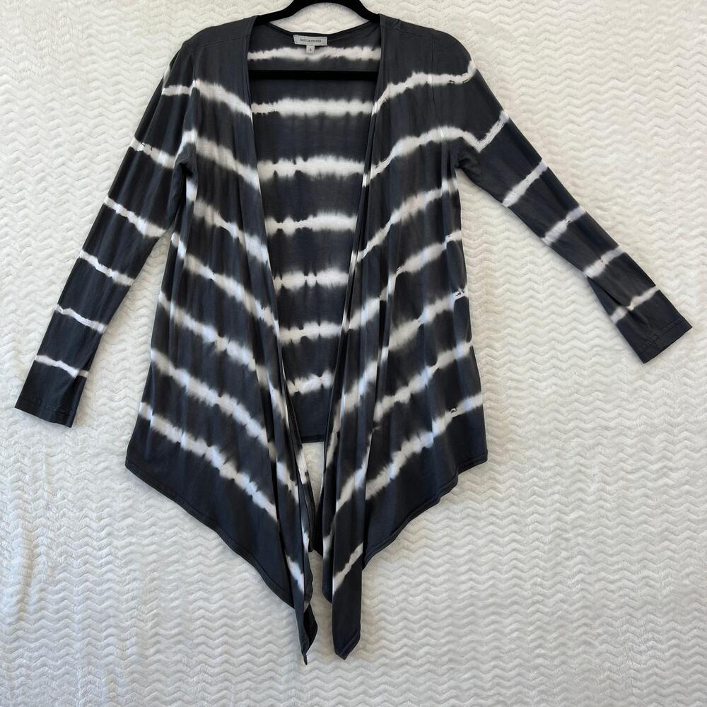 Boston Proper Grey White Waterfall Hem Made in USA Tie Dye Cardigan Sz Small